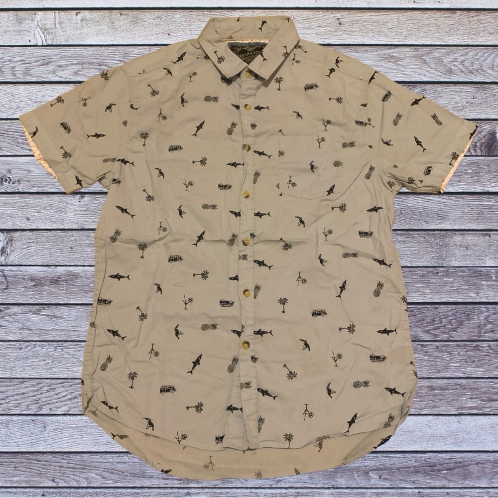 San Francisco Work Shirt Button Up Down Casual Shirt Sharks Fish All Over Cute